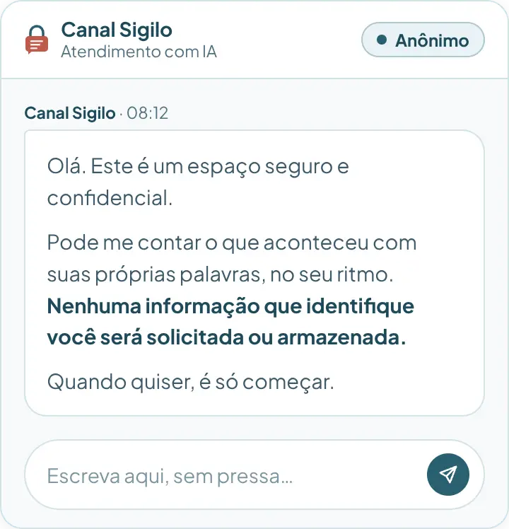 Mensagem de abertura da IA no canal de denúncias: espaço seguro e confidencial, sem solicitar nenhuma informação que identifique a pessoa.