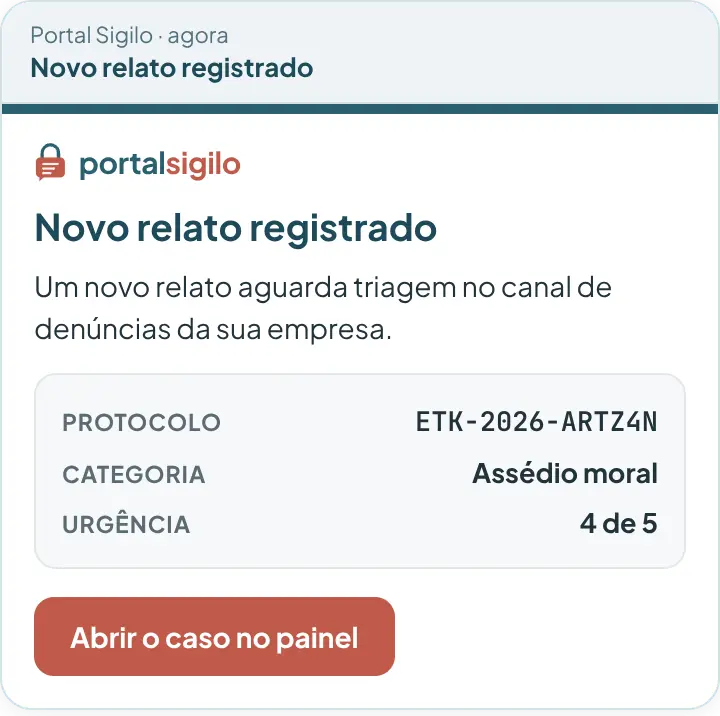 E-mail do Portal Sigilo avisando que um novo relato foi registrado, com protocolo, categoria e urgência.